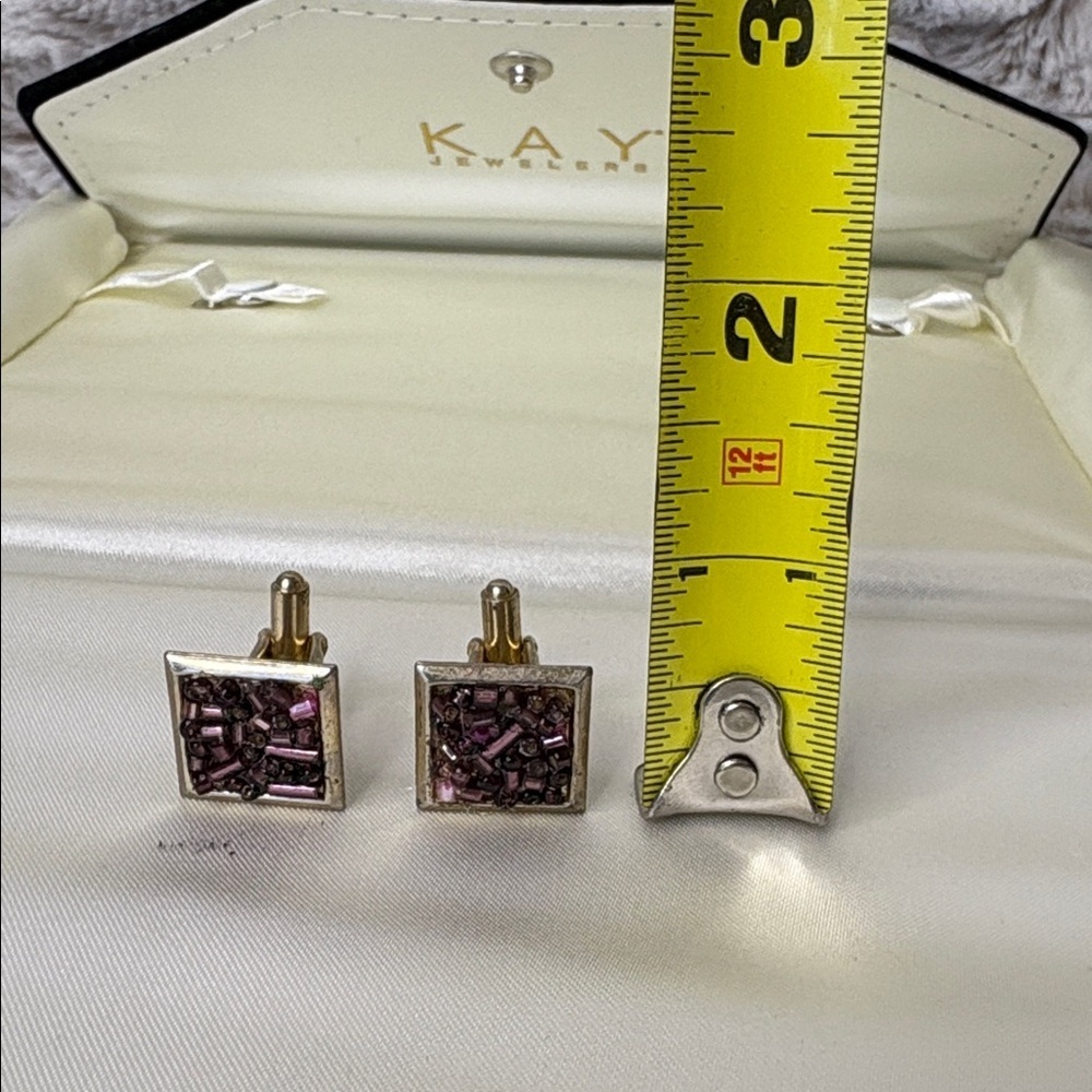Upcycled Square Purple Beaded Cufflinks in A Gold Tone Setting - Picture 4 of 5